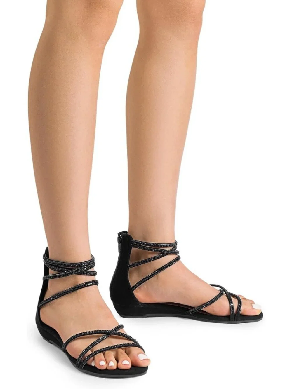 Women's Black Rhinestones Gladiator Flat Sandals Ankle Strap Comfortable Zip